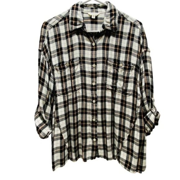 Max Studio Button-Up Shirt Women's Medium Black White Plaid Roll Tab Sleeves GUC - Picture 1 of 7